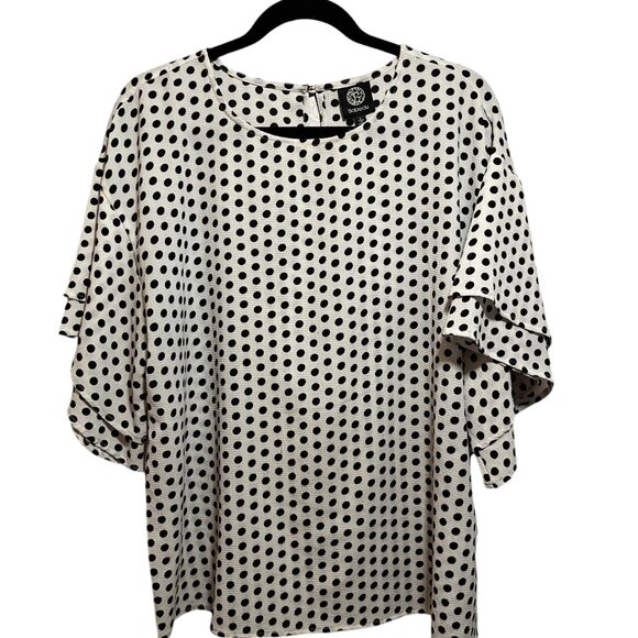 BOBEAU Blouse Ruffle Sleeve Top White with Black polka dots - Size Large - Picture 2 of 5